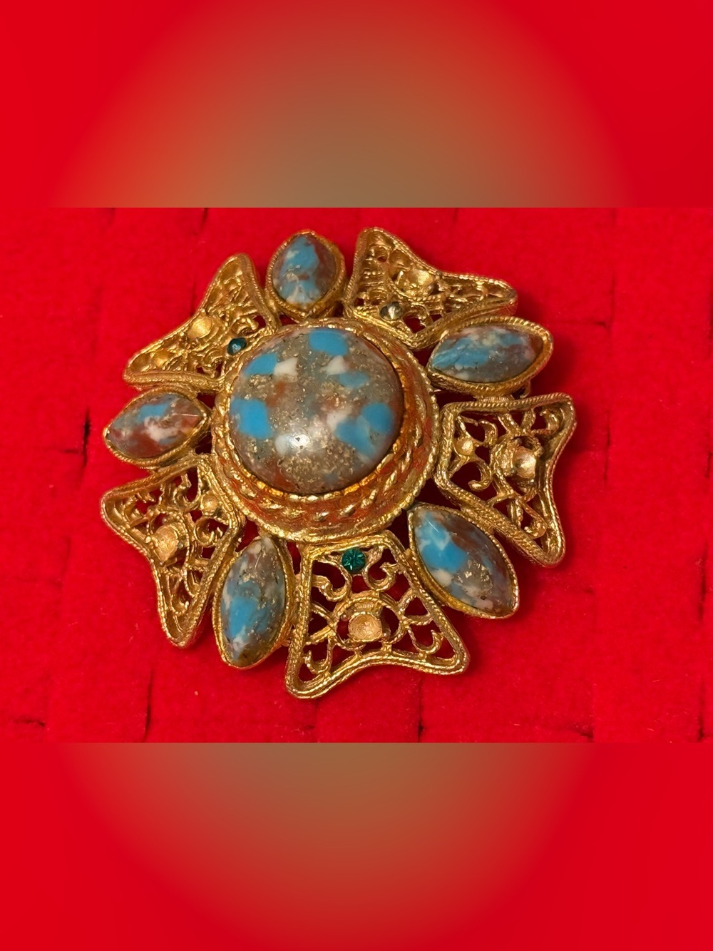 Dome Vintage Gold-Tone Filigree Brooch with Turquoise Cabochons